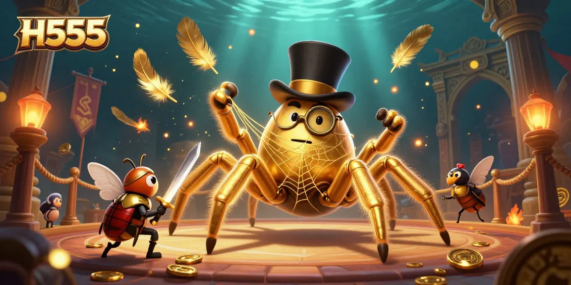 H555 engaging with a whimsical scene of a golden tarantula weaving a web amidst enchanting casino elements.