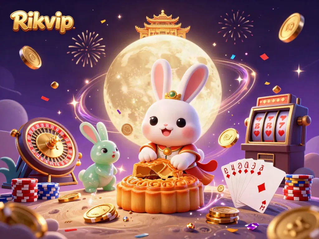 Join the Rikvip adventure with a moon rabbit revealing poker chips among a vibrant casino scene.