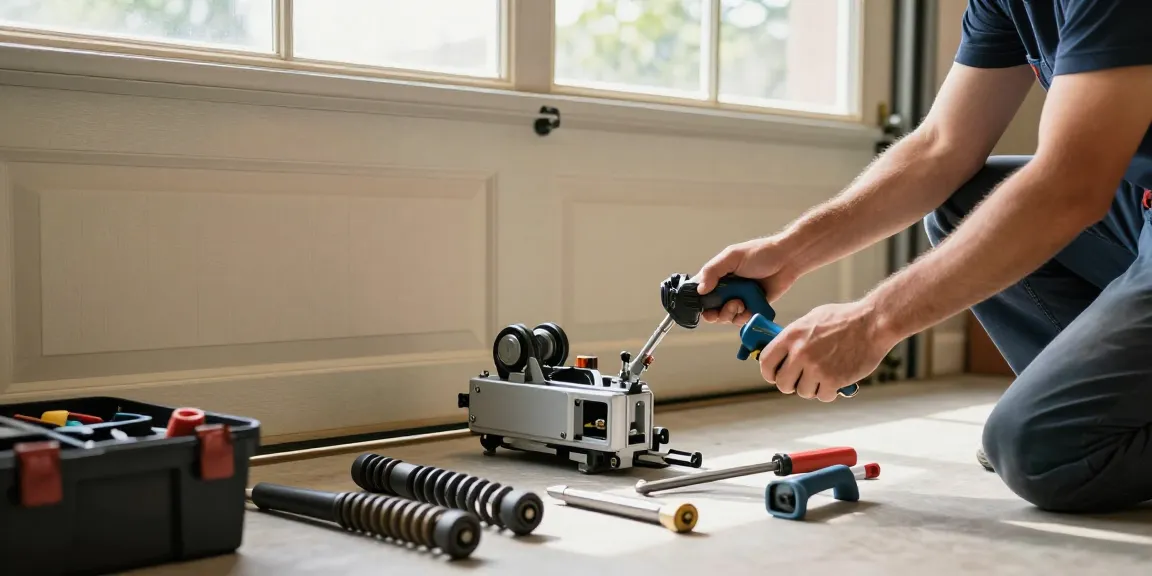 Expert garage door repair cost assessment in action with technician fixing door.