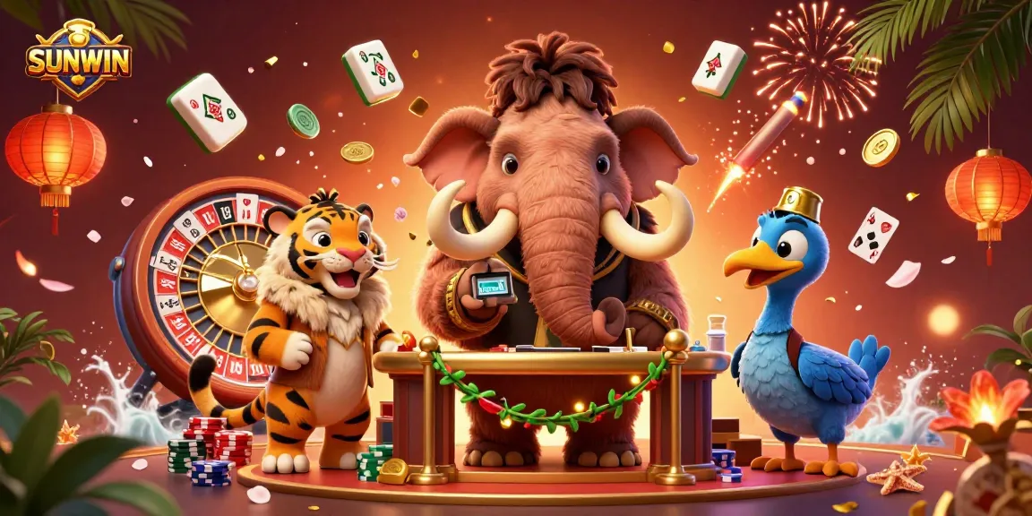 SUNWIN casino scene showing a cartoon mammoth bouncer, saber-tooth tiger VIP guest, and dodo bird doorman amidst vibrant gaming elements, emphasizing excitement.