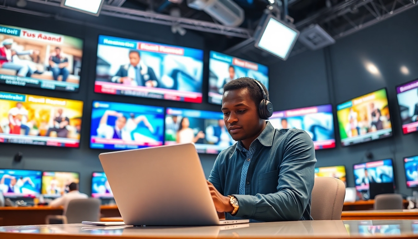 Engaging journalist analyzing news stories from Nigerian Newspapers in a modern newsroom.