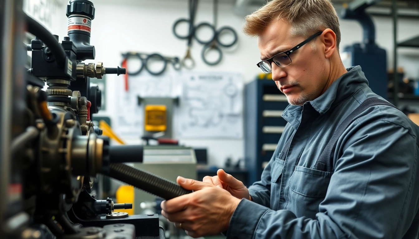 Technician performing hydraulic hose repair in a bright workshop setting.