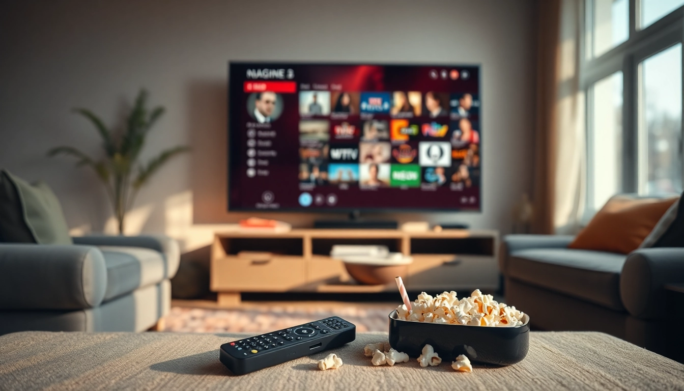 Engaging living room scene showcasing IPTV Trial on a large TV, inviting cozy movie night.