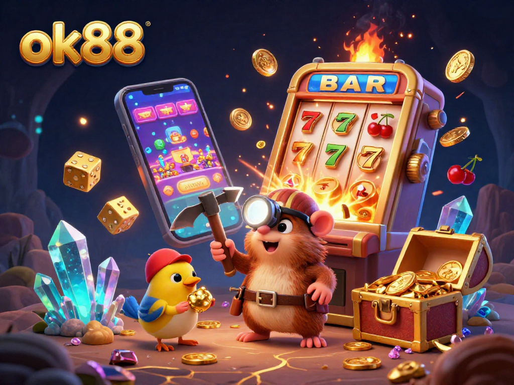 Experience the excitement of ok88 slots with a treasure hunter in a vibrant, dynamic casino scene.