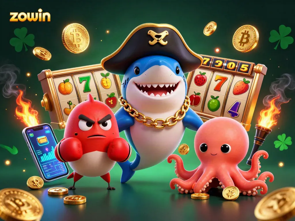 Zowin transforms the casino experience with vibrant scenes featuring a pirate shark, pufferfish, and octopus, winning at slots.