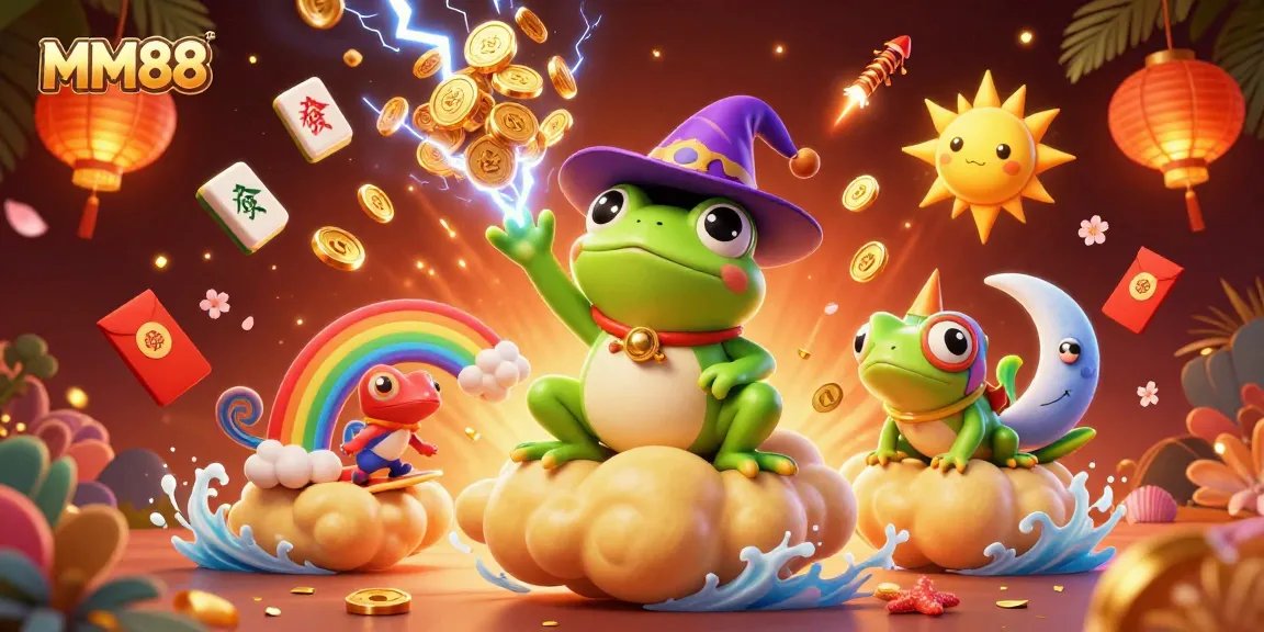 Play exciting games at MM88 with an animated scene of golden coins, lucky symbols, and vibrant characters.