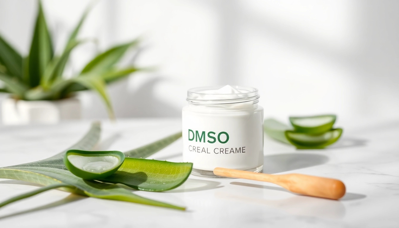Apply DMSO cream in a serene clinic setting with aloe vera details.