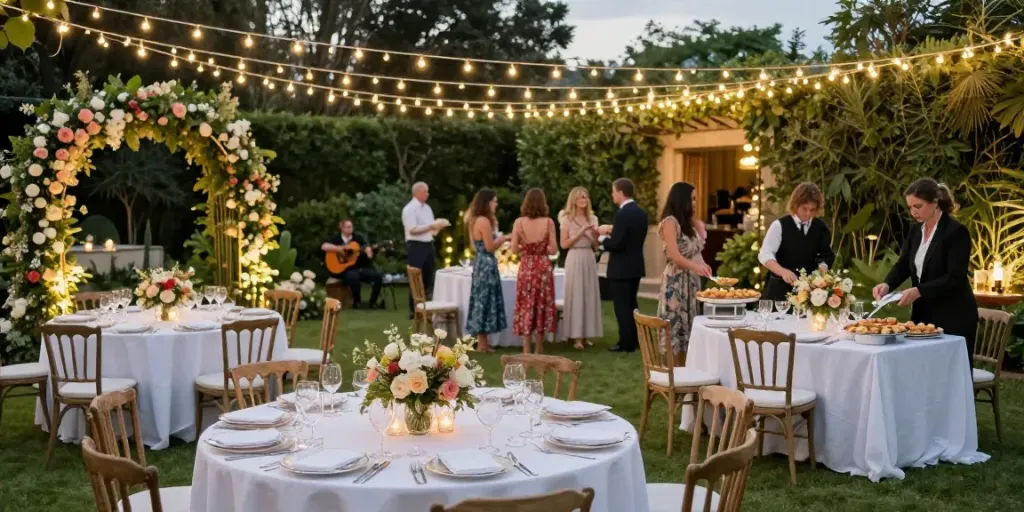 Event rentals enhancing a beautiful garden party setup with elegant decor.