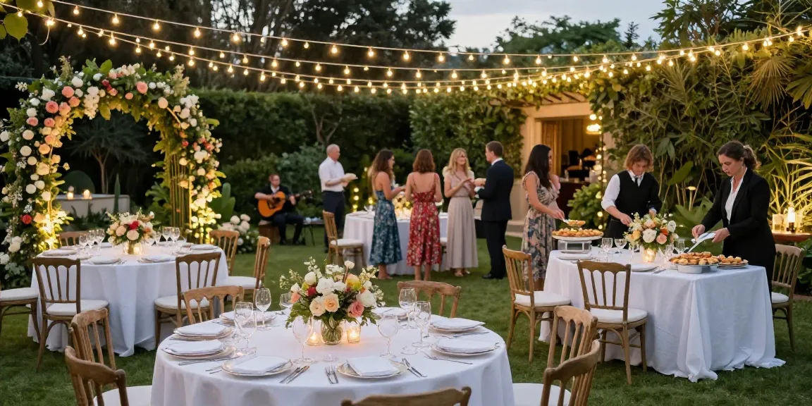 Event rentals enhancing a beautiful garden party setup with elegant decor.