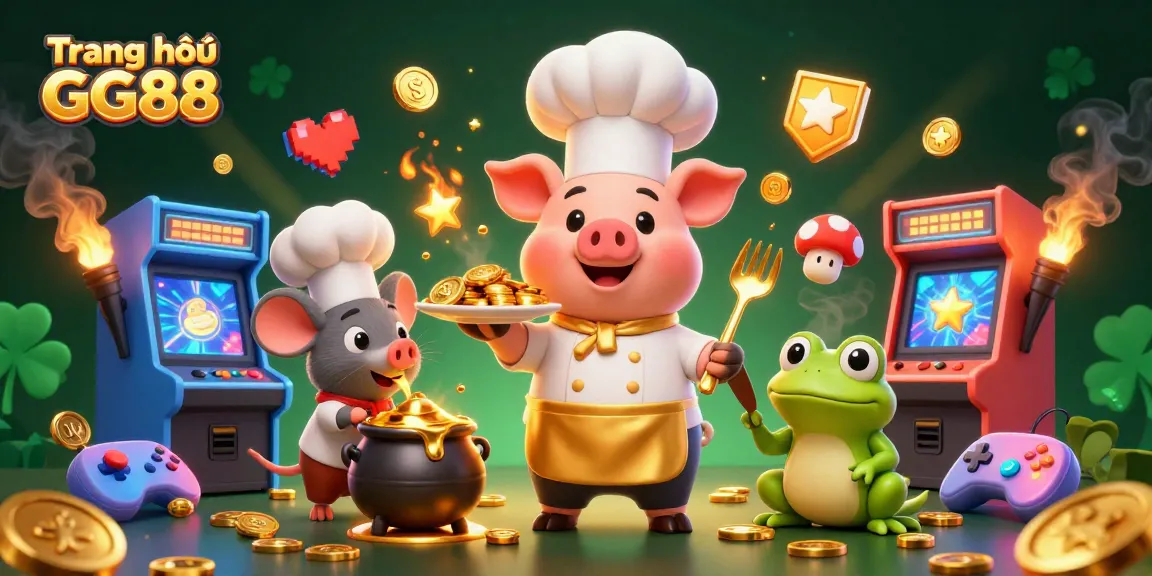 Experience the excitement of Trang chủ GG88 with colorful characters serving golden delights in a vibrant casino setting.