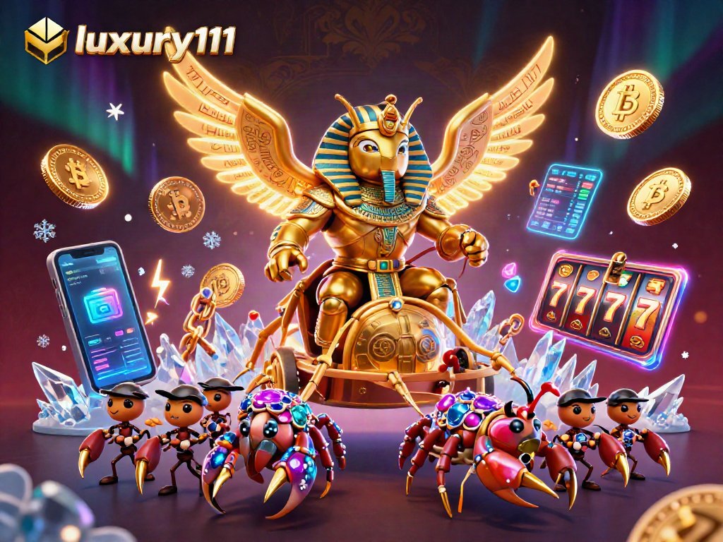 Engage with luxury111's vibrant casino world featuring a golden scarab beetle and crypto elements.