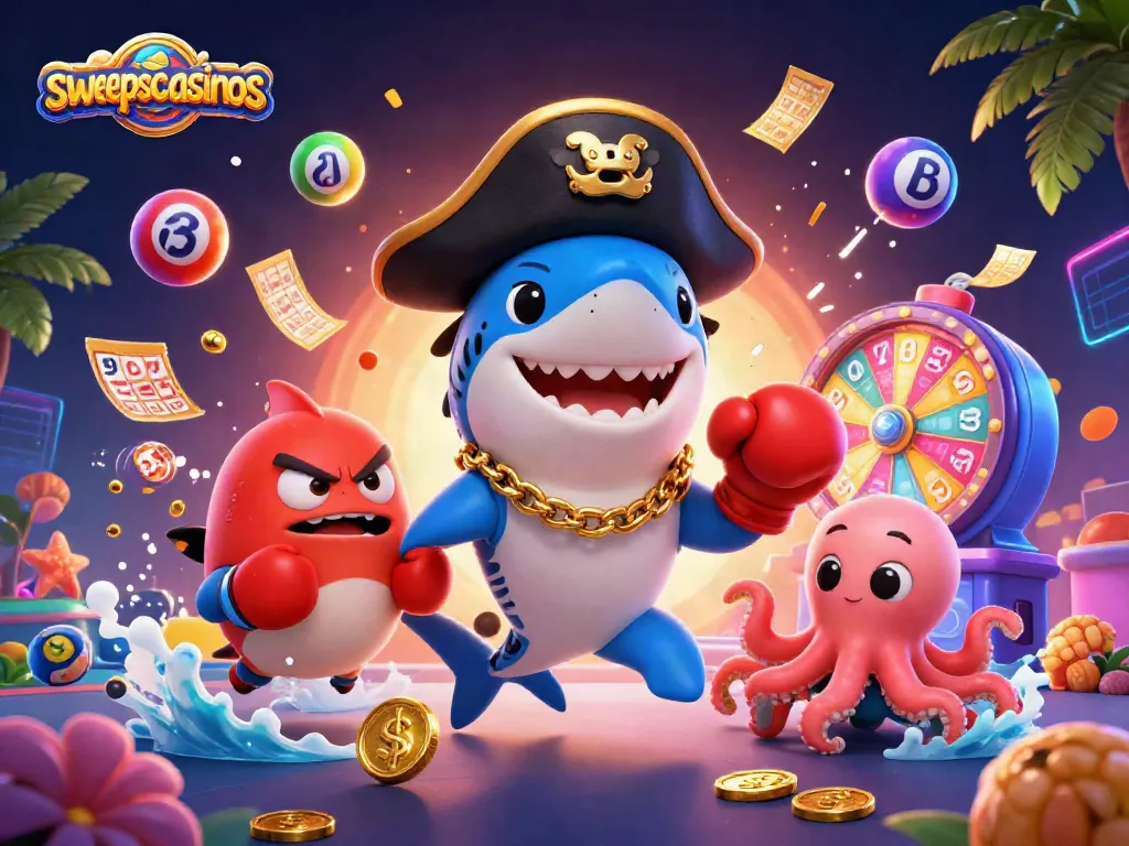 Engage with sweepscasinos through a dynamic casino-themed illustration featuring lively aquatic characters and vibrant game elements.