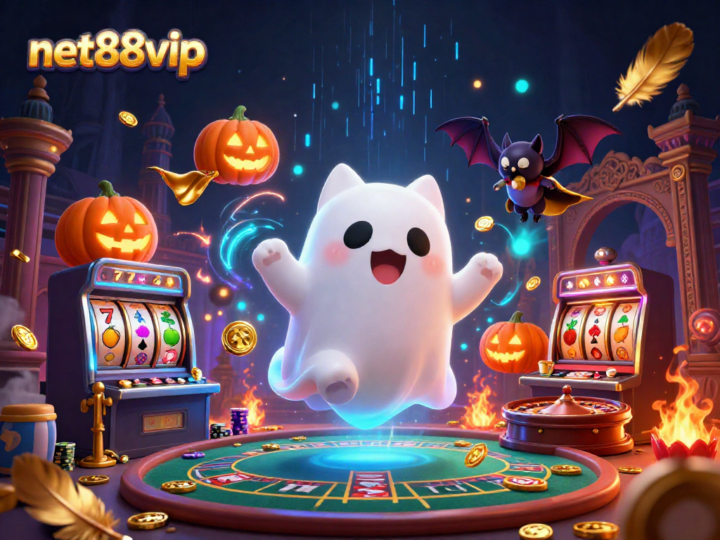 Experience net88vip's thrilling gaming adventures with a ghost cat and vampire bat in a haunted casino illustration.