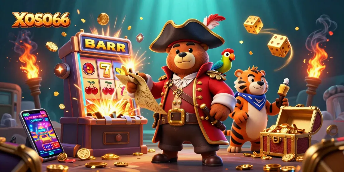 XOSO66 showcases a vibrant scene with animated characters celebrating a jackpot at a casino.