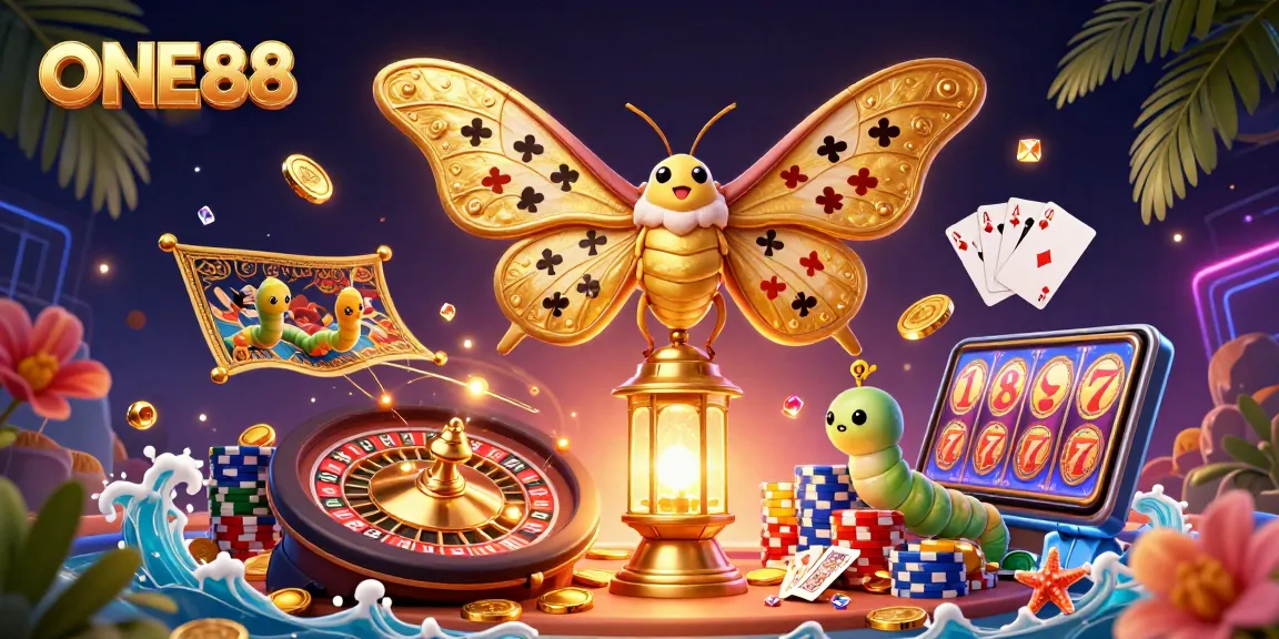 Experience thrilling gameplay at ONE88 with a 3D casino scene featuring dynamic card and casino symbols.