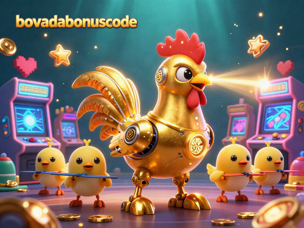 Engage with vibrant BovadaBonusCode scene featuring laser-eyed rooster robot and arcade elements.