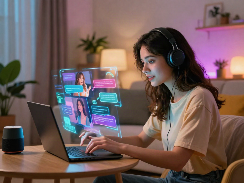Engaging interaction with girlfriend AI in a cozy modern living room, showcasing intimacy and technology.