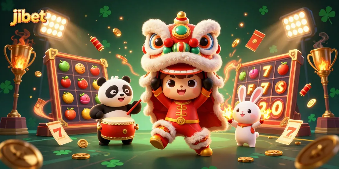 Experience the excitement of jibet with a dynamic lion dance and gaming elements in vibrant 3D illustration.