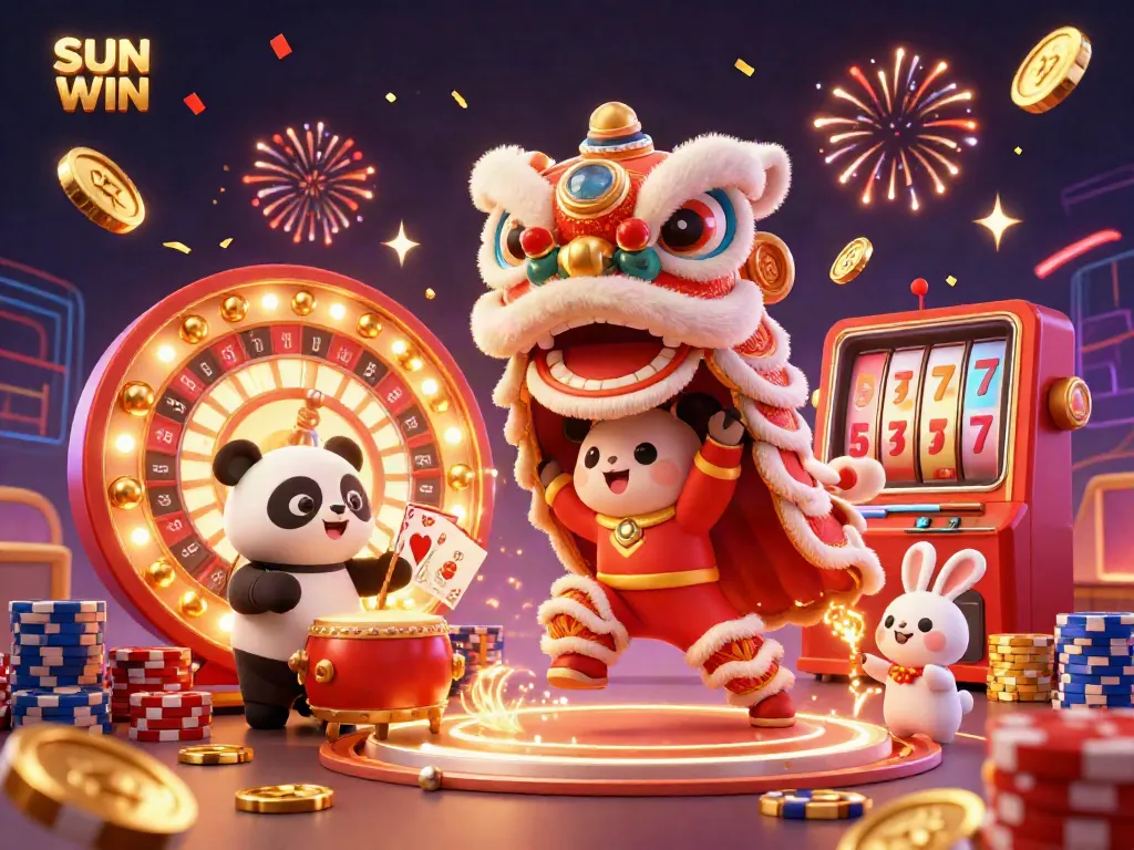 Experience the excitement of SUN WIN with a lively 3D lion dance and casino elements.