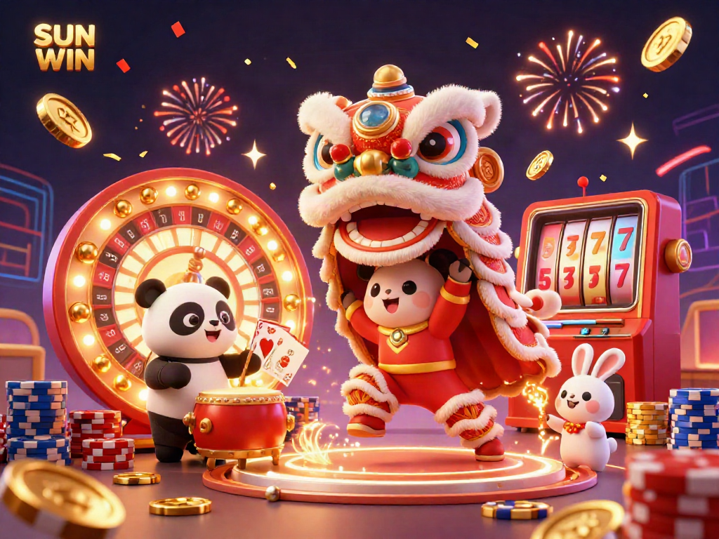 Experience the excitement of SUN WIN with a lively 3D lion dance and casino elements.
