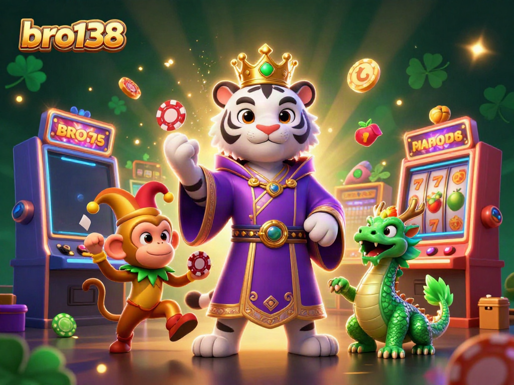 Experience the thrill of bro138 with engaging casino characters amidst vibrant slot machines and joyful gambling elements.