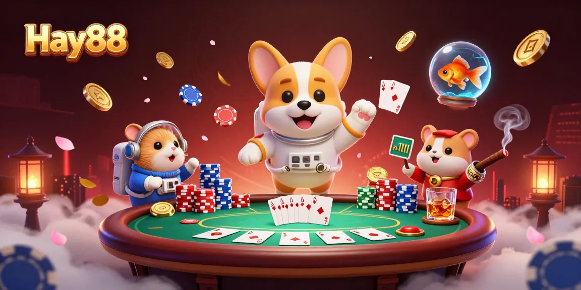 Experience Hay88's thrilling gaming atmosphere with a floating corgi and vibrant casino elements.
