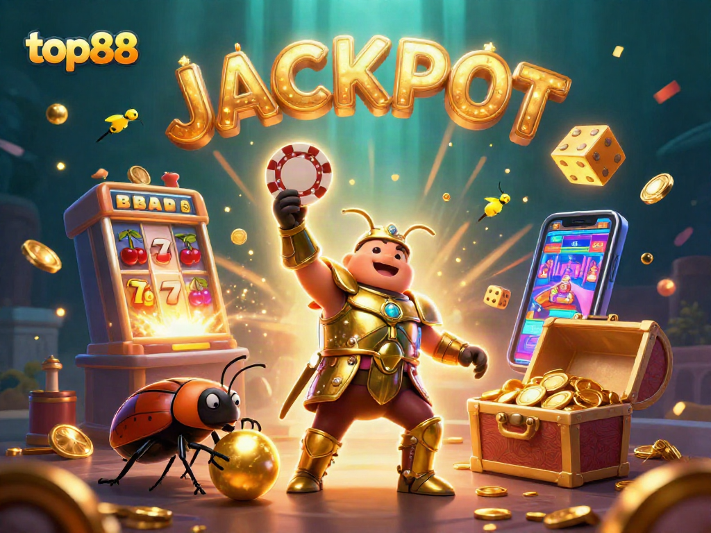 Celebrate the top88 jackpot with a victorious beetle lifting a poker chip amidst golden treasures.