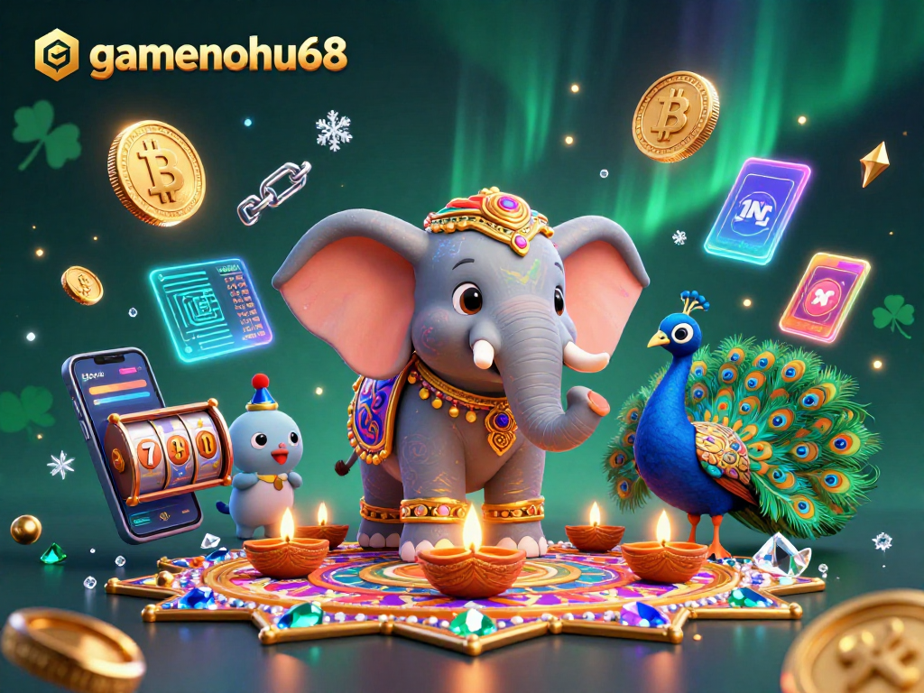 Experience the thrill of gamenohu68 with vibrant casino elements surrounded by colorful characters.