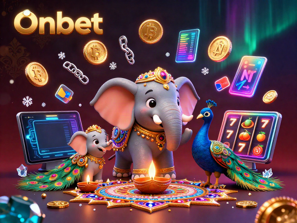 Experience Onbet's vibrant gaming world with a Diwali-themed elephant and casino elements.