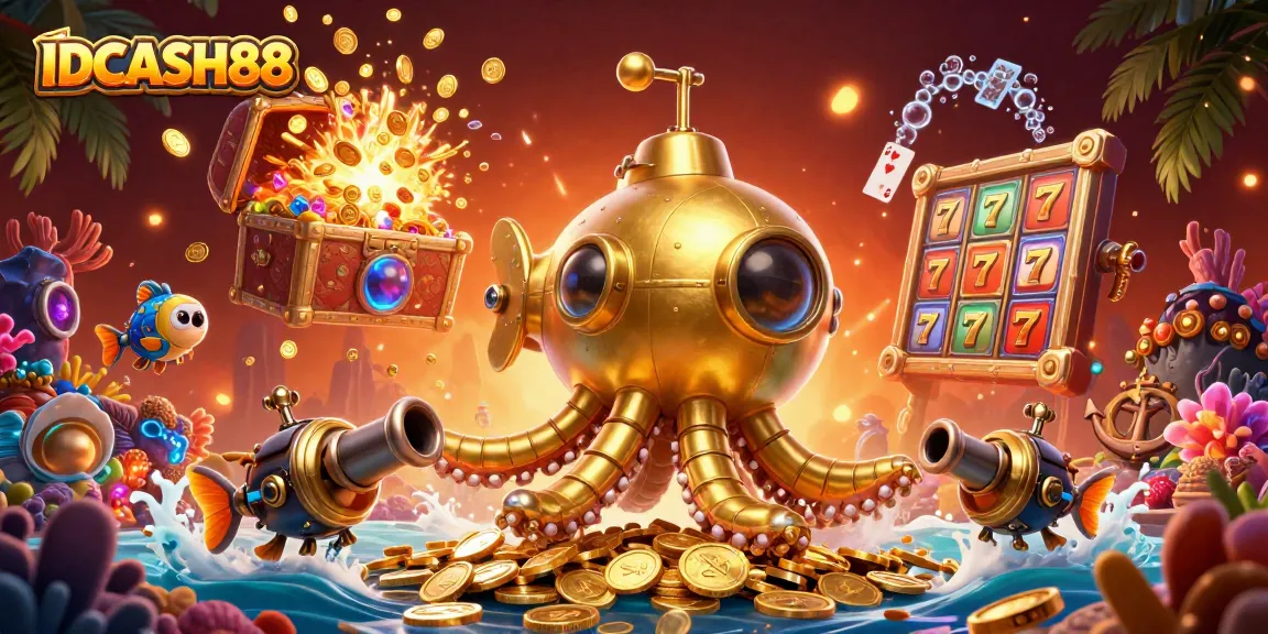 Experience thrilling gameplay with IDCASH88's golden kraken exploring vibrant slot treasures.