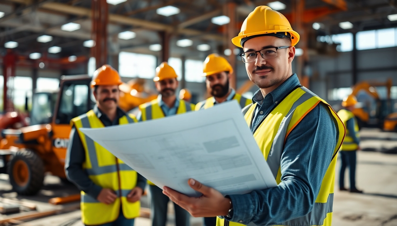 New Jersey Construction Manager reviewing plans on-site amidst active construction work.