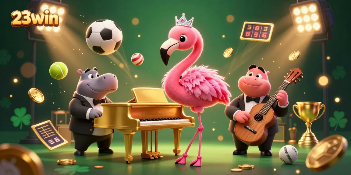 Experience the thrill at 23win: A flamingo and hippo in a vibrant casino scene with sports elements.