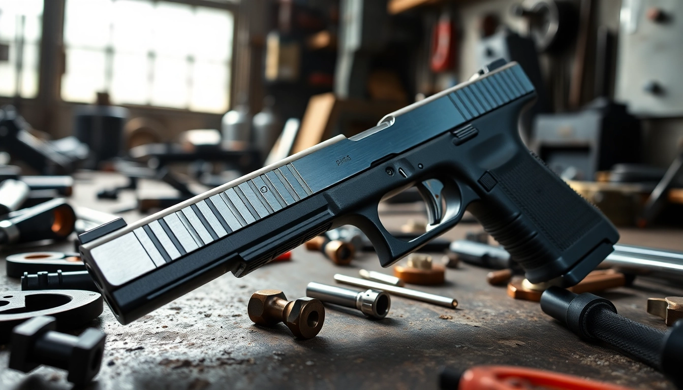 Buy glock 17 slide for sale featuring detailed craftsmanship in a professional workshop.