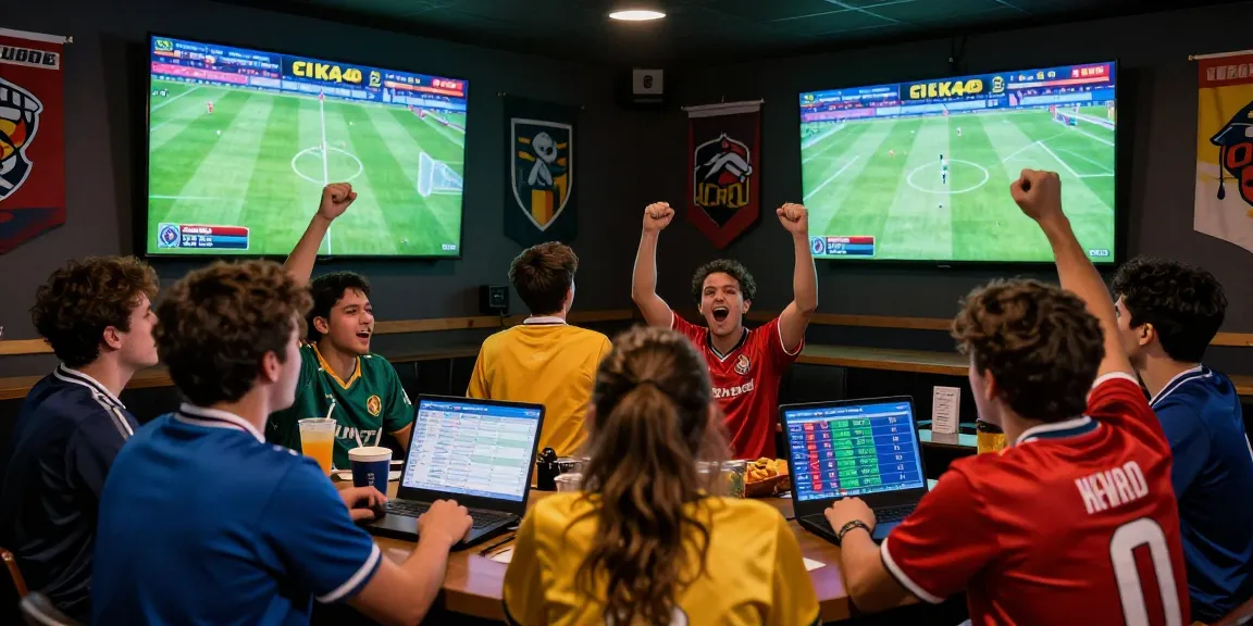 Fans celebrating with screens displaying cika4d football betting, vibrant atmosphere during live matches.