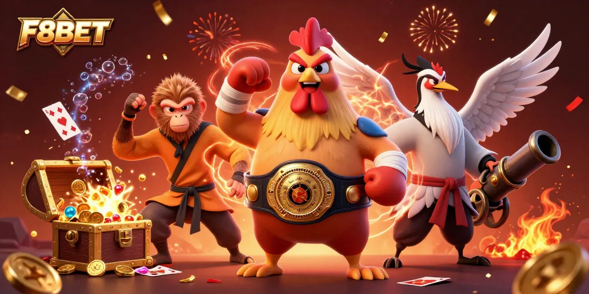 F8BET champions celebrate with vibrant casino elements in a colorful animated 3D scene.