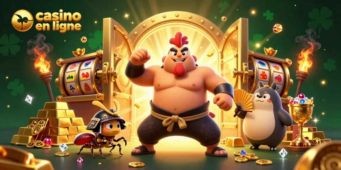 Scénario dynamique illustrant un casino en ligne avec un sumo en colère et un cricket combattant.