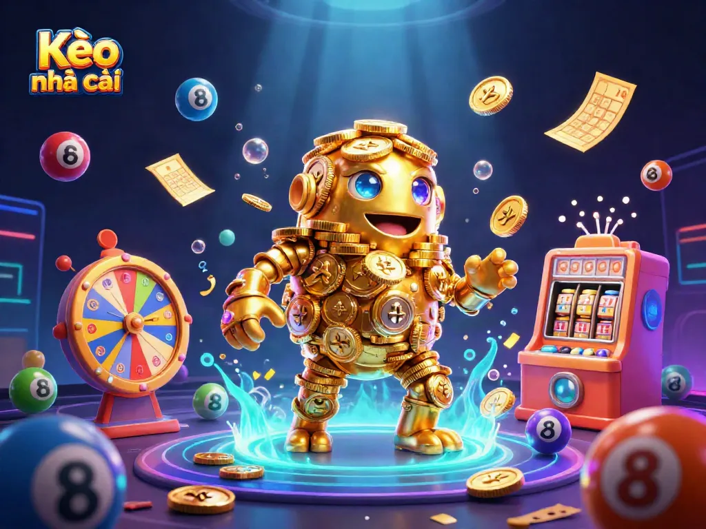 Engage with Kèo nhà cái through vibrant 3D illustration featuring dynamic gaming elements and a golden golem.