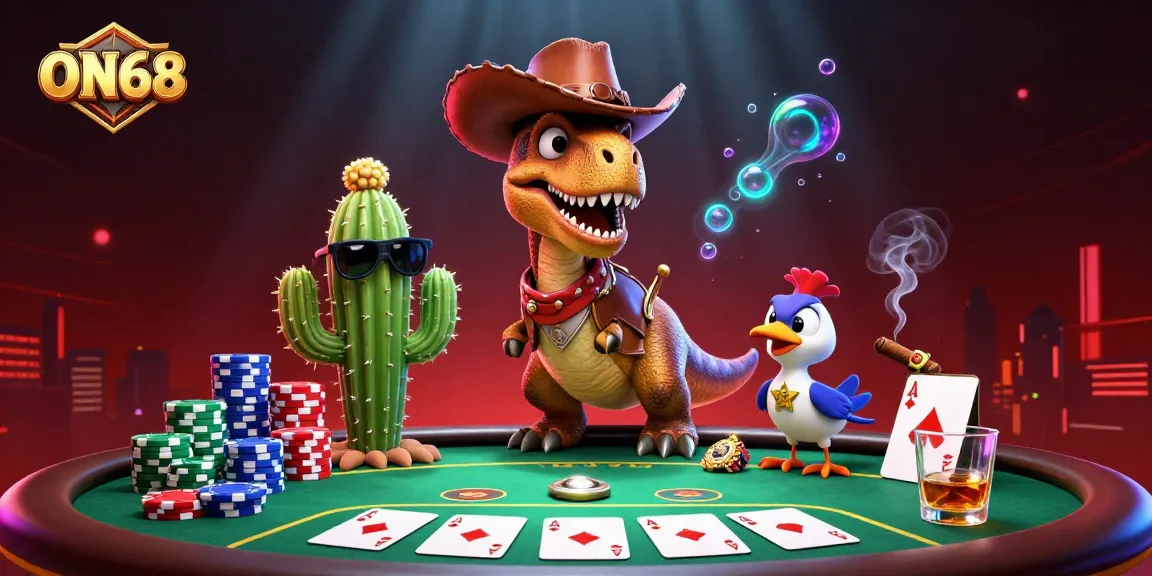 Engage with ON68 as a T-Rex cowboy plays poker amidst vibrant casino fun and action.