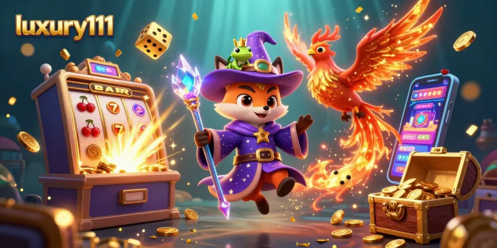 Engage in thrilling gameplay at luxury111 with a captivating wizard fox and phoenix in a vibrant casino scene.
