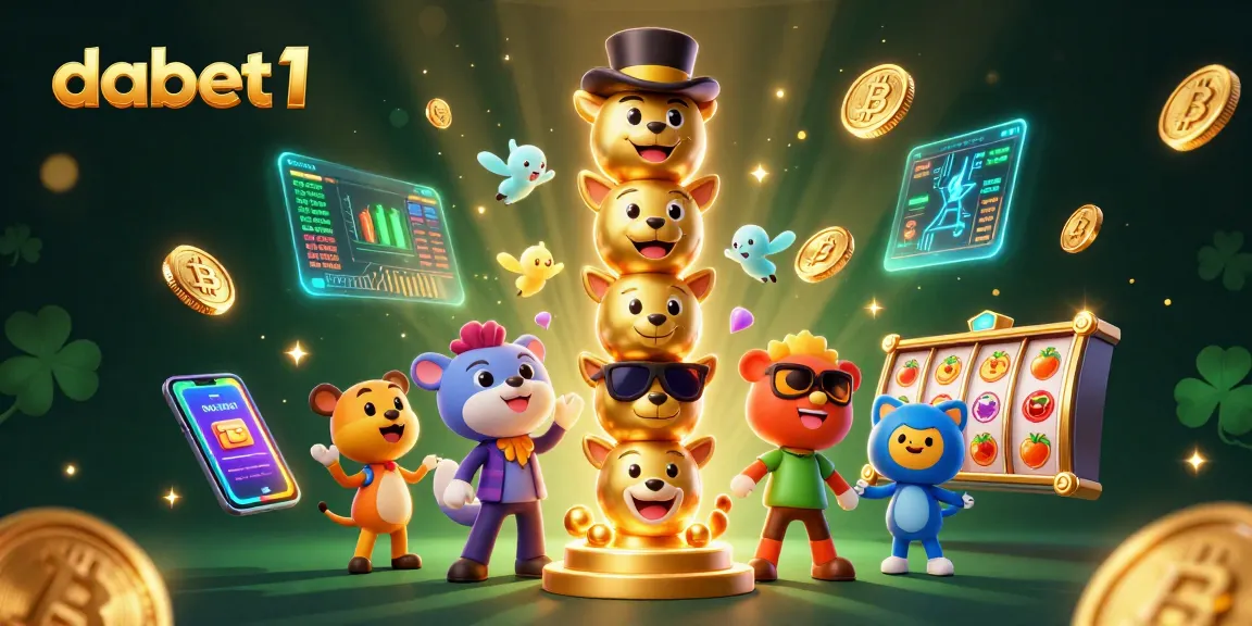 Engage with dabet1 in a lively 3D illustration showcasing crypto elements and slot symbols.
